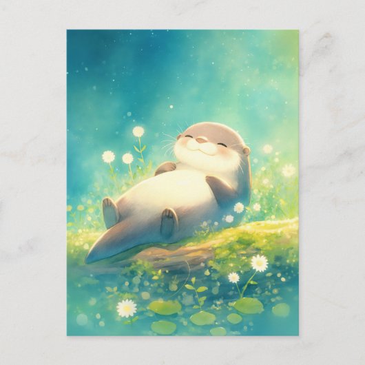 夏の池で眠るカッコいいカワウソ ポストカード (正面)