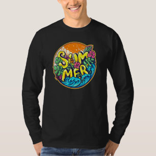 夏の波カラフルハイビスカスの花とバナナ Tシャツ