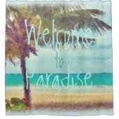 夏の海のビーチのヤシの木の水彩画の絵画 シャワーカーテン (正面)