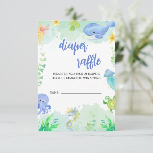 夏の海の下の赤ちゃんシャワーおむつラッフル エンクロージャーカード (スタンド正面)