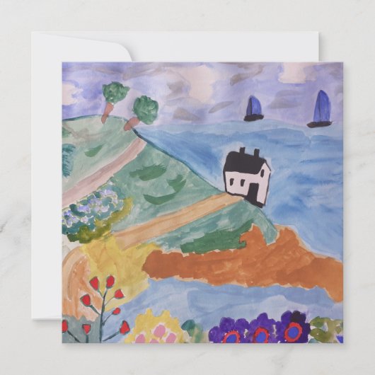 夏の海岸とフラワーフラットグリーティングカード (正面)