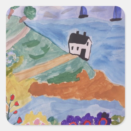 夏の海岸と花 スクエアシール (正面)