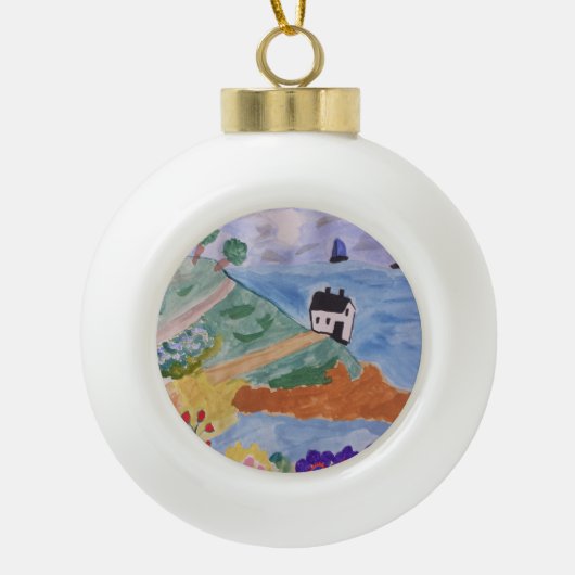 夏の海岸と花 セラミックボールオーナメント (正面)