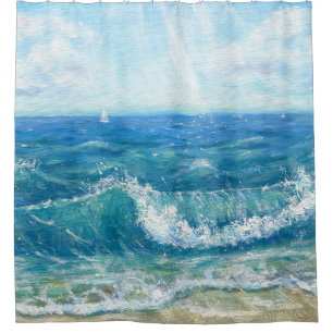 夏の海、青い波、アクリル絵画の。 シャワーカーテン