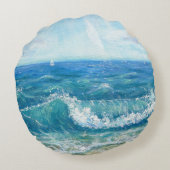 夏の海、青い波、アクリル絵画の。 ラウンドクッション (裏面)