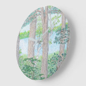 夏の湖とウッズカラーペンシルスケッチ ラージ壁時計 (傾斜)