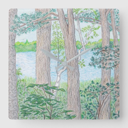 夏の湖とウッズカラーペンシルスケッチ ラージ壁時計 (正面)