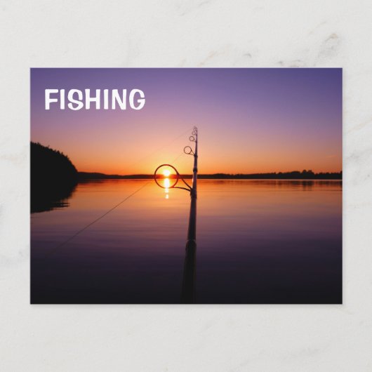 夏の湖に沈む夕日が魚釣り棒を通して見える ポストカード (正面)