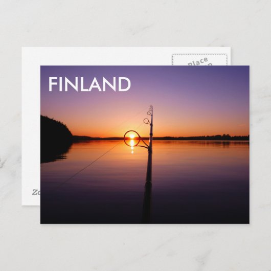 夏の湖に沈む夕日が魚釣り棒を通して見える ポストカード (正面/裏面)