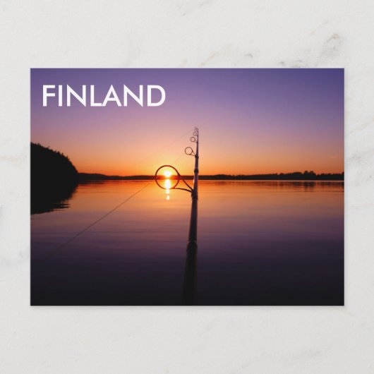 夏の湖に沈む夕日が魚釣り棒を通して見える ポストカード (正面)