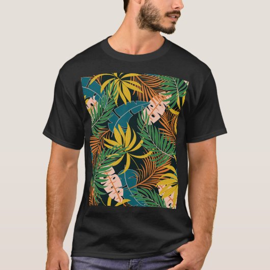 夏の熱帯の明るい植物のパターン Tシャツ (正面)