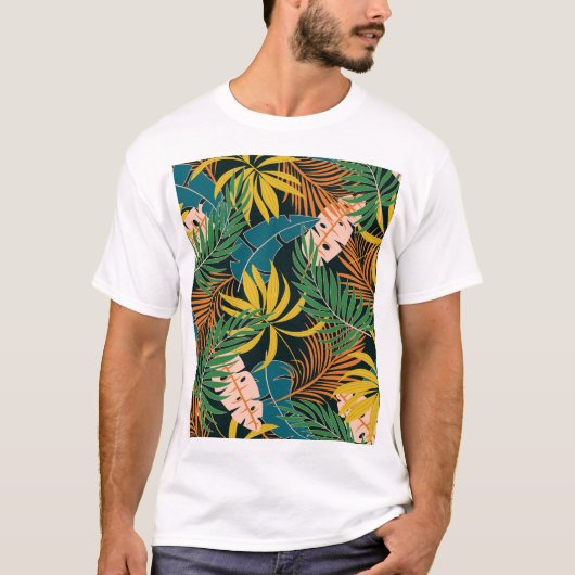 夏の熱帯の明るい植物のパターン Tシャツ (正面)