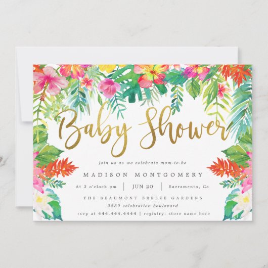 夏の熱帯ハイビスカスの葉金ゴールドベビーシャワー 招待状 (正面)