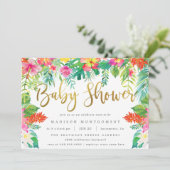 夏の熱帯ハイビスカスの葉金ゴールドベビーシャワー 招待状 (スタンド正面)