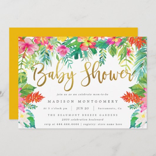 夏の熱帯ハイビスカスの葉金ゴールドベビーシャワー 招待状 (正面/裏面)
