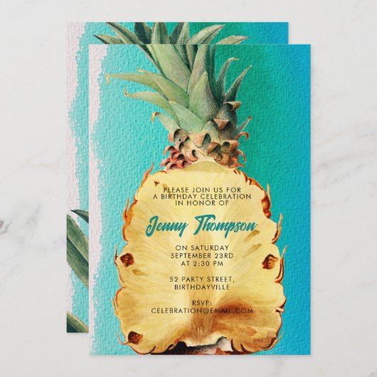 夏の熱帯パイナップルフルーツ誕生日パーティー 招待状 (正面/裏面)