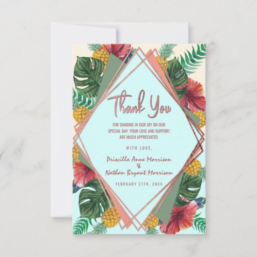 夏の熱帯パイナップル葉の花柄は感謝していしています サンキューカード (正面)