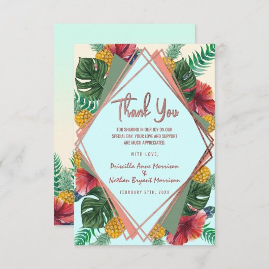 夏の熱帯パイナップル葉の花柄は感謝していしています サンキューカード (正面/裏面)