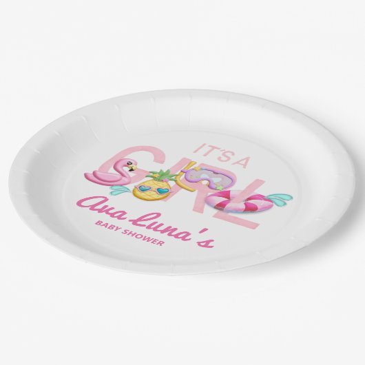 夏の熱帯ビーチガールベビーシャワー ペーパープレート (アングル)