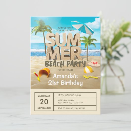 夏の熱帯ビーチパーティー大人誕生日 招待状 (スタンド正面)