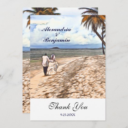 夏の熱帯ビーチ結婚式水の色カスタム サンキューカード (正面/裏面)