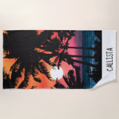 夏の熱帯ピンクのオレンジパームツリーズサンセット ビーチタオル (正面)