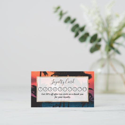 夏の熱帯ピンクのオレンジパームツリーズサンセット ロイヤリティカード (スタンド正面)