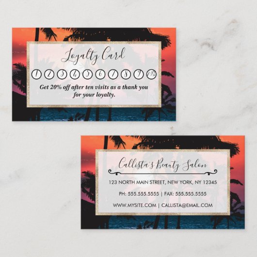 夏の熱帯ピンクのオレンジパームツリーズサンセット ロイヤリティカード (正面/裏面)