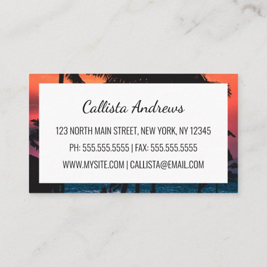 夏の熱帯ピンクのオレンジパームツリーズサンセット 名刺 (裏面)