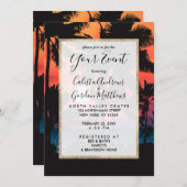 夏の熱帯ピンクのオレンジパームツリーズサンセット 招待状 (正面/裏面)