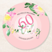 夏の熱帯ピンクのフローラ水色 ラウンドペーパーコースター (正面)