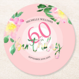 夏の熱帯ピンクのフローラ水色 ラウンドペーパーコースター