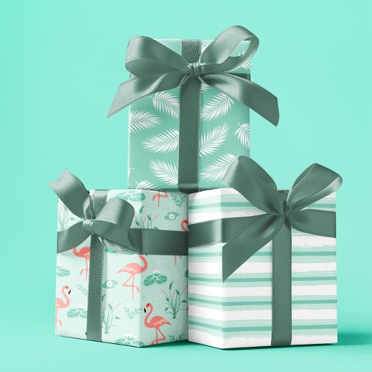 夏の熱帯フラミンゴパステルブルー3セット ラッピングペーパーシート