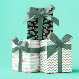 夏の熱帯フラミンゴブルー金ゴールドセット3 ラッピングペーパーシート