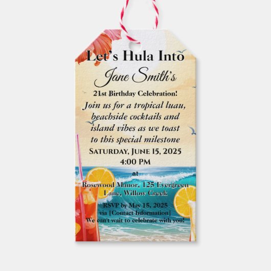 夏の熱帯ルアウ（ハワイ式宴会）ビーチパーティー21st誕生日 ギフトタグ (正面)