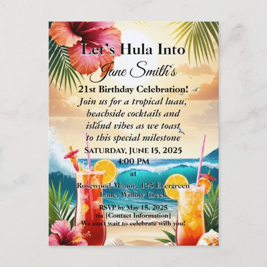 夏の熱帯ルアウ(ハワイ式宴会)ビーチパーティー21st誕生日 シーズンポストカード (正面)