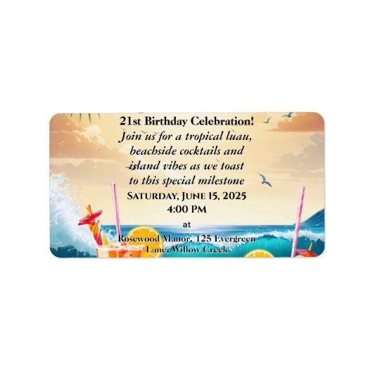 夏の熱帯ルアウ（ハワイ式宴会）ビーチパーティー21st誕生日 ラベル (正面)