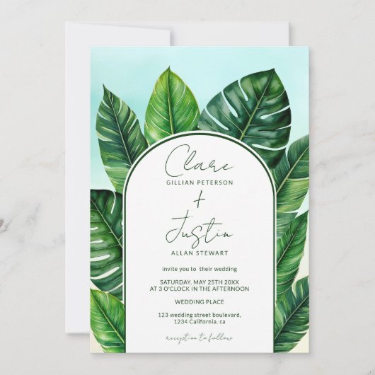 夏の熱帯緑のビーチ結婚式写真 招待状 (正面)