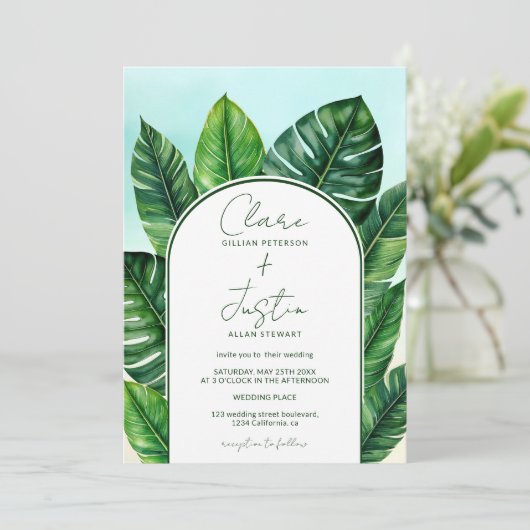 夏の熱帯緑のビーチ結婚式写真 招待状 (スタンド正面)