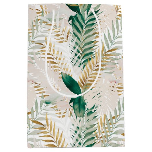 夏の熱帯緑の金ゴールドヤシの葉の緑 ミディアムペーパーバッグ (正面)