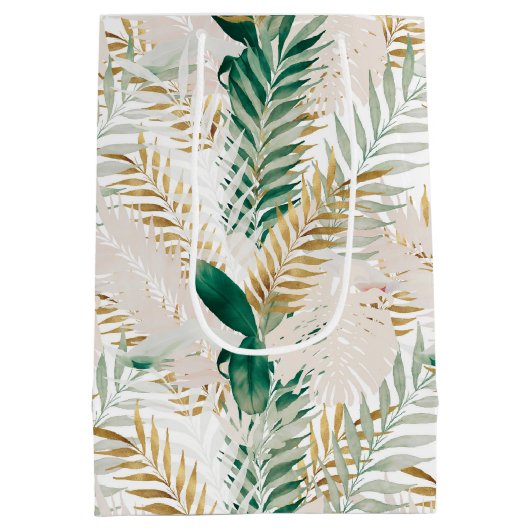 夏の熱帯緑の金ゴールドヤシの葉の緑 ミディアムペーパーバッグ (裏面)