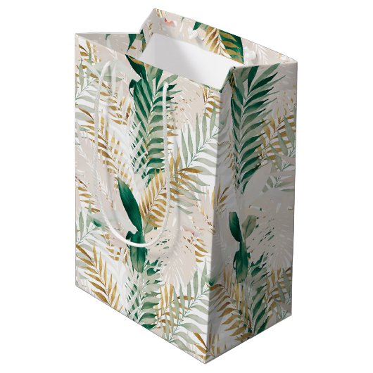 夏の熱帯緑の金ゴールドヤシの葉の緑 ミディアムペーパーバッグ (裏面アングル)