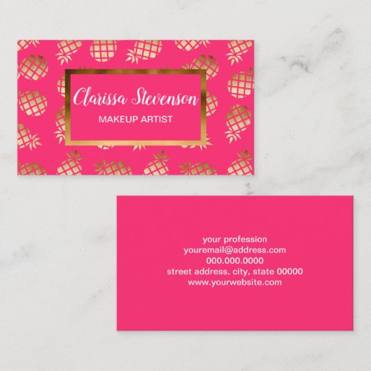 夏の熱帯金ゴールドおよびピンクのパイナップルパターン 名刺 (正面/裏面)
