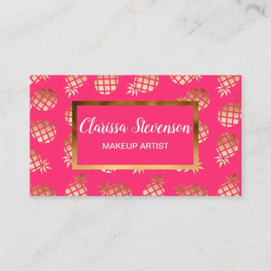 夏の熱帯金ゴールドおよびピンクのパイナップルパターン 名刺 (正面)