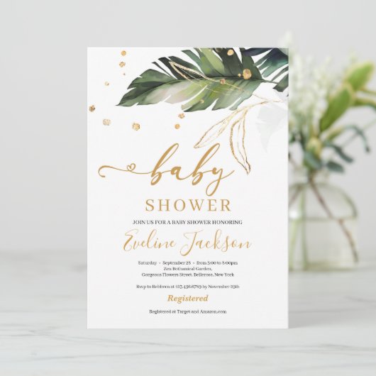夏の熱帯離れの金ゴールドと女の子の赤ちゃんシャワー 招待状 (スタンド正面)