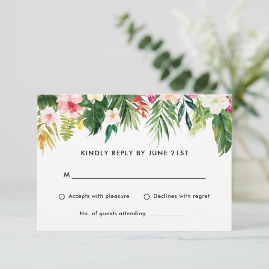 夏の熱帯離れ国の結婚式RSVP返信カード 出欠カード (スタンド正面)