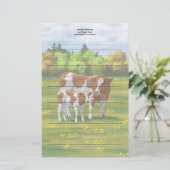 夏の牧草地でガーンジー牛と可愛い子牛 便箋 (スタンド正面)