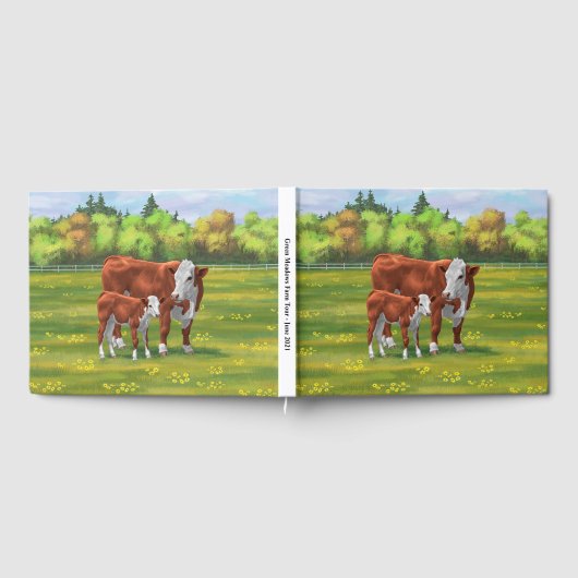 夏の牧草地でヘレフォードカウカフカートカーフ ゲストブック (全面)