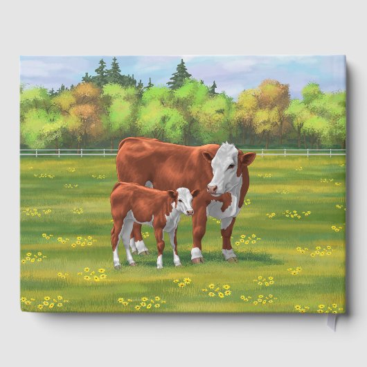 夏の牧草地でヘレフォードカウカフカートカーフ ゲストブック (裏面)