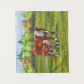 夏の牧草地でヘレフォードカウカフカートカーフ タペストリー (正面)